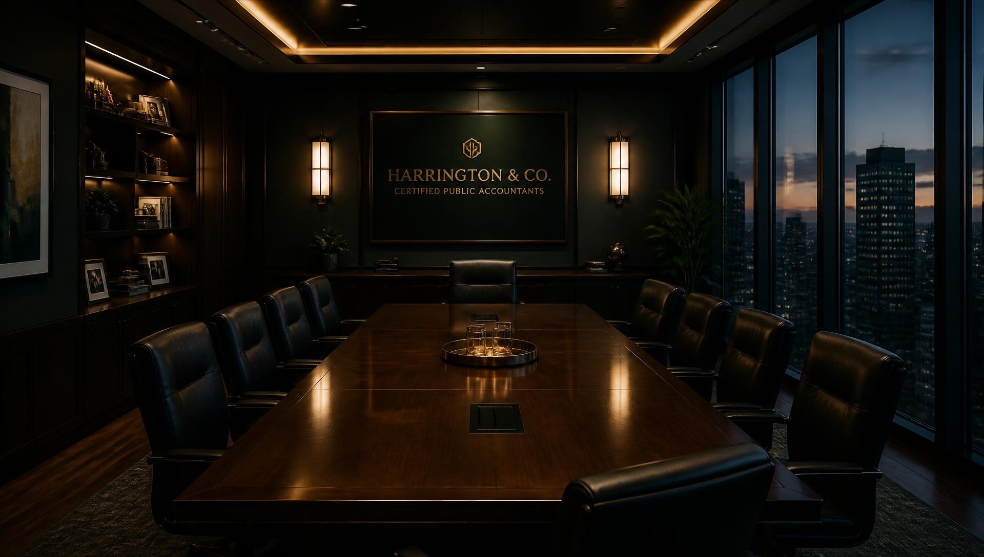 Boardroom of a corporate CPA firm at dusk